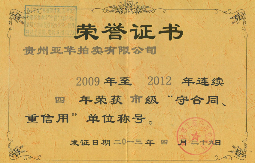 2009-2012連續(xù)四年獲貴陽市市級(jí)重合同守信用單位稱號(hào) 